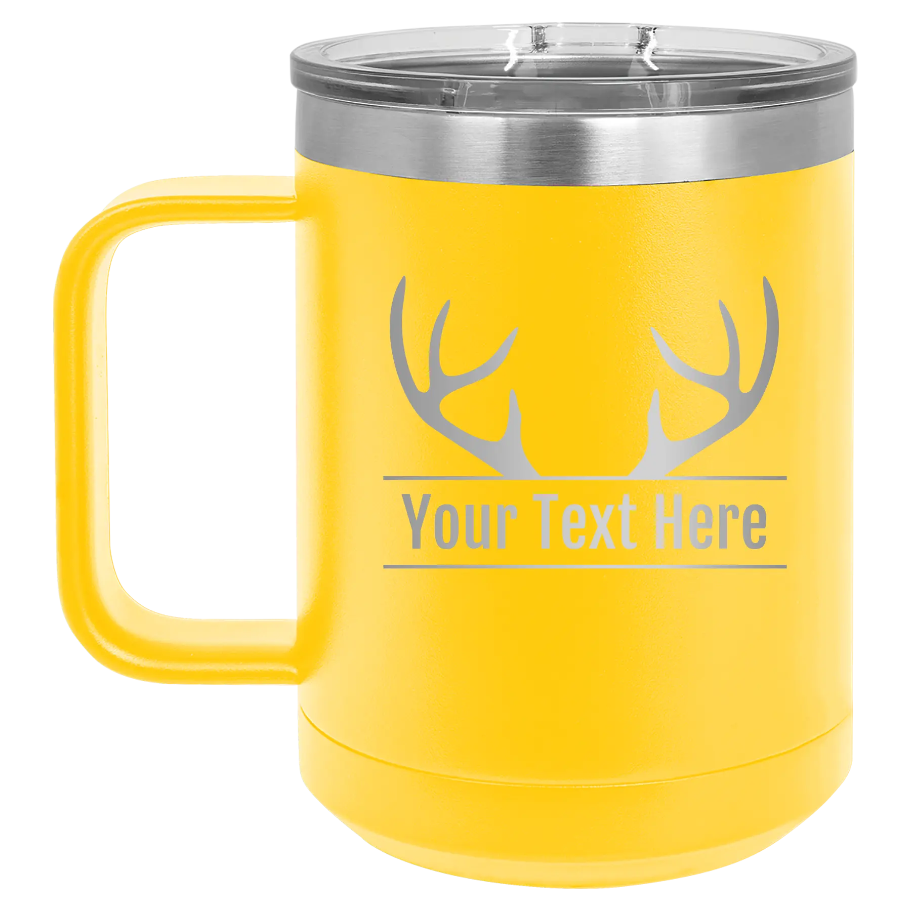 Personalized yellow 15 oz vacuum insulated coffee mug with 'Antler2' design