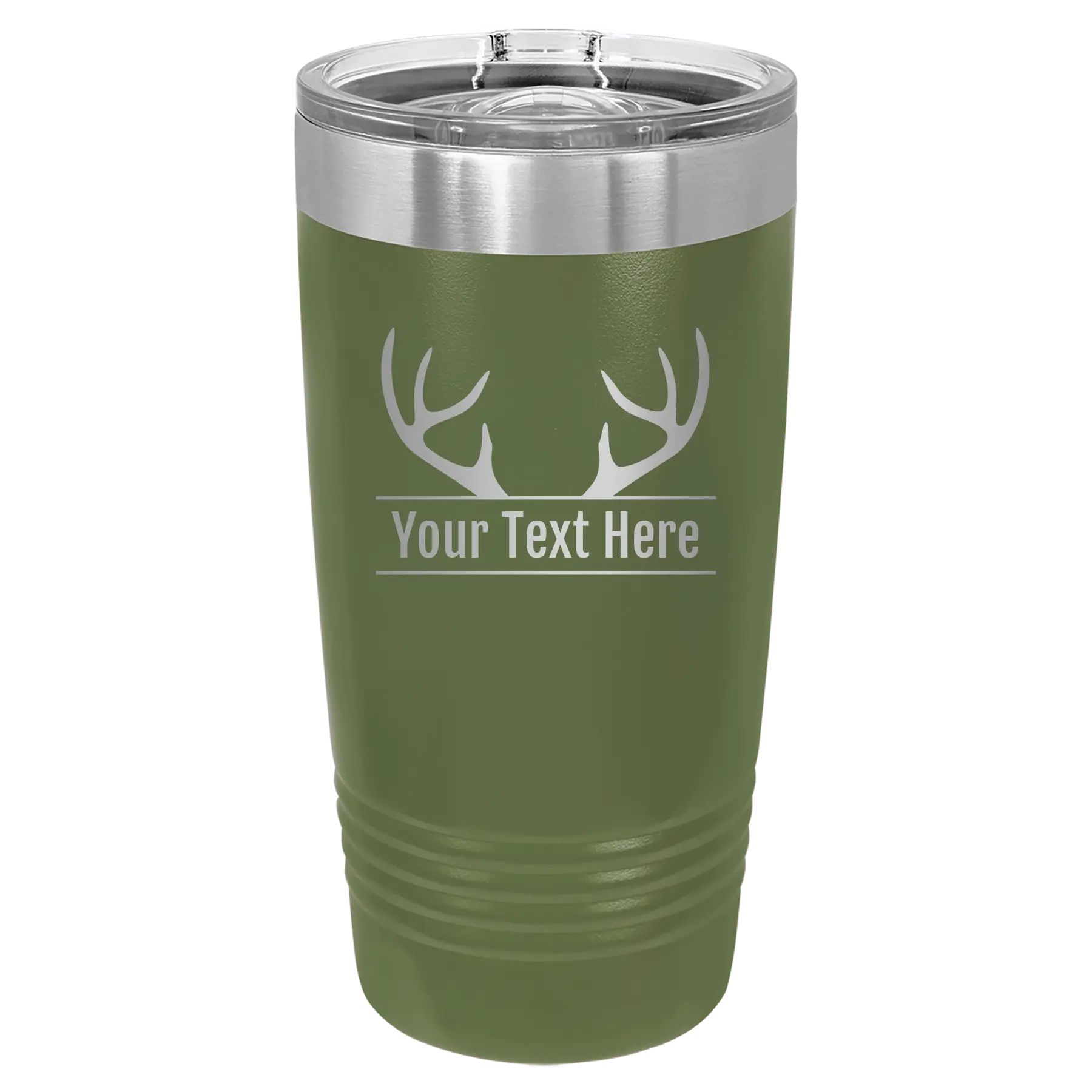 Personalized olive green 20 oz vacuum insulated tumbler with 'Antler2' design