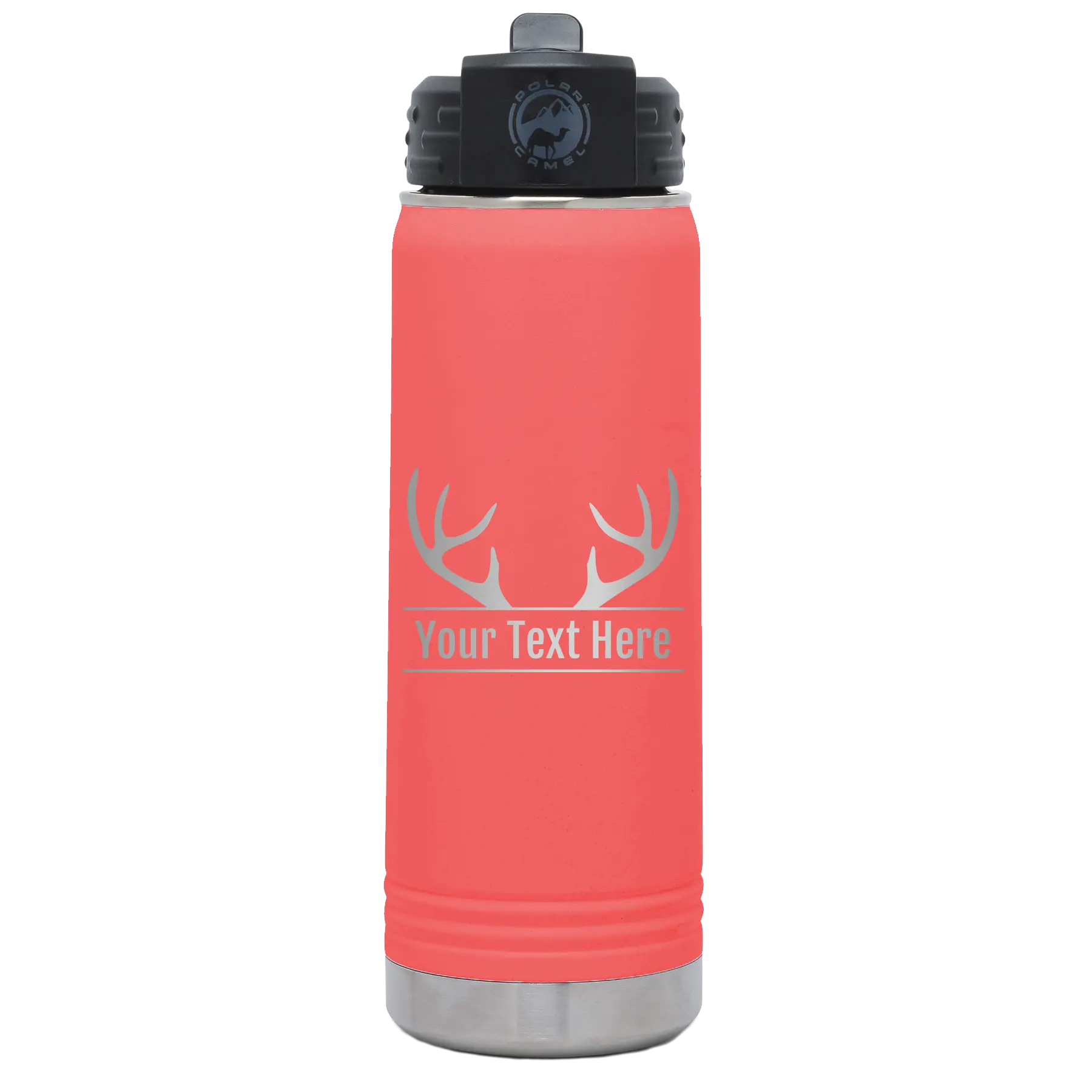 Personalized coral 20 oz vacuum insulated water bottle with 'Antler2' design