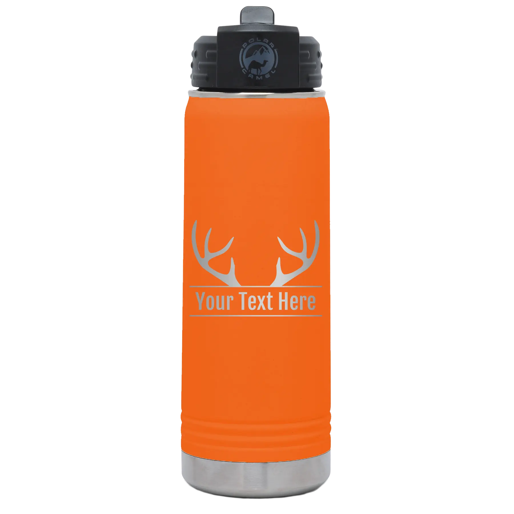 Personalized orange 20 oz vacuum insulated water bottle with 'Antler2' design