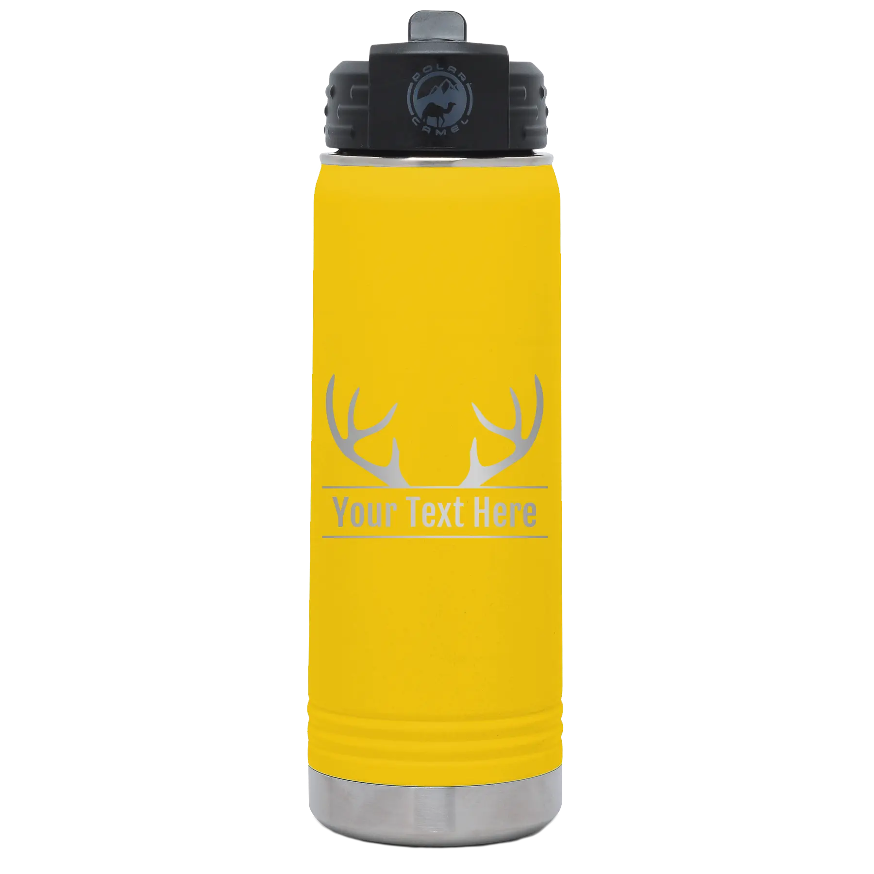 Personalized yellow 20 oz vacuum insulated water bottle with 'Antler2' design