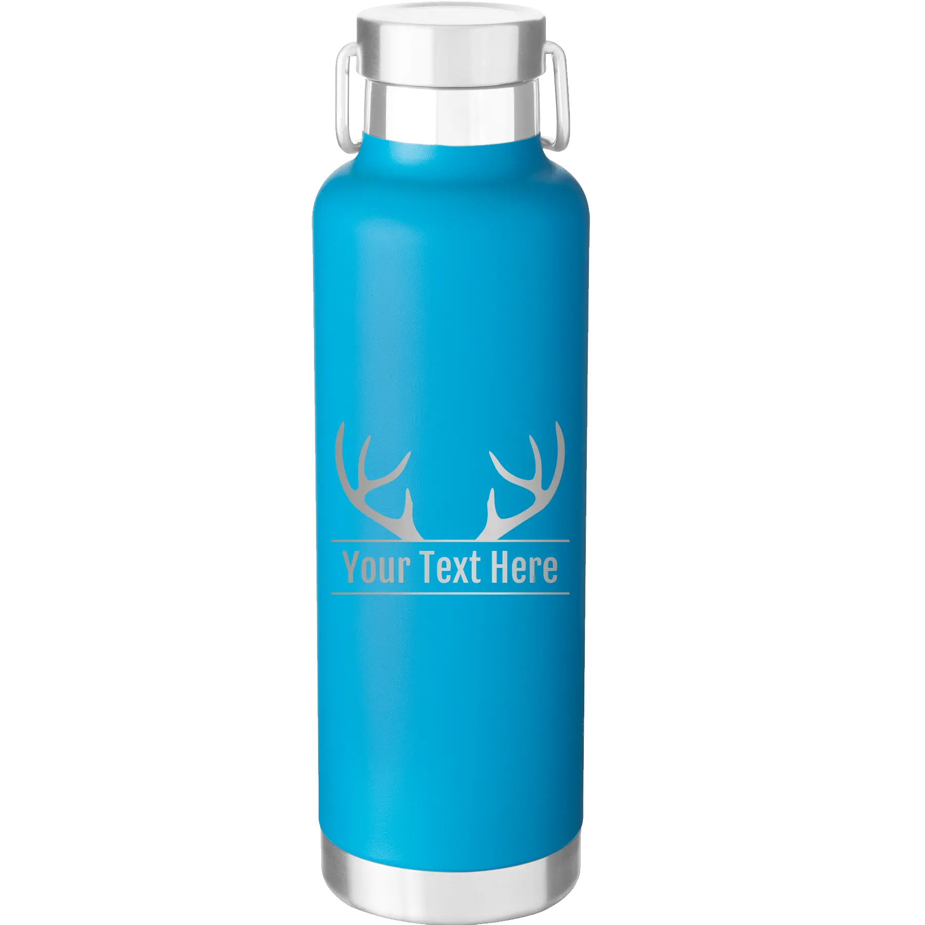 Personalized aqua 24 oz vacuum insulated water bottle with 'Antler2' design