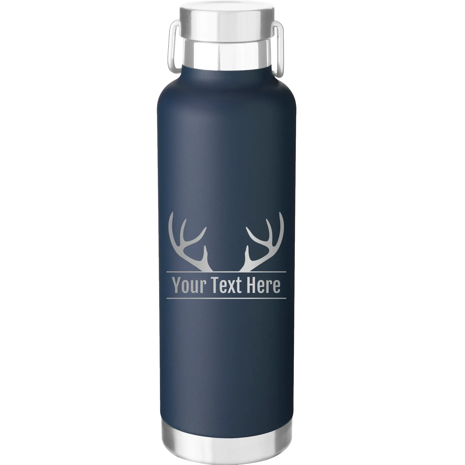 Personalized navy 24 oz vacuum insulated water bottle with 'Antler2' design