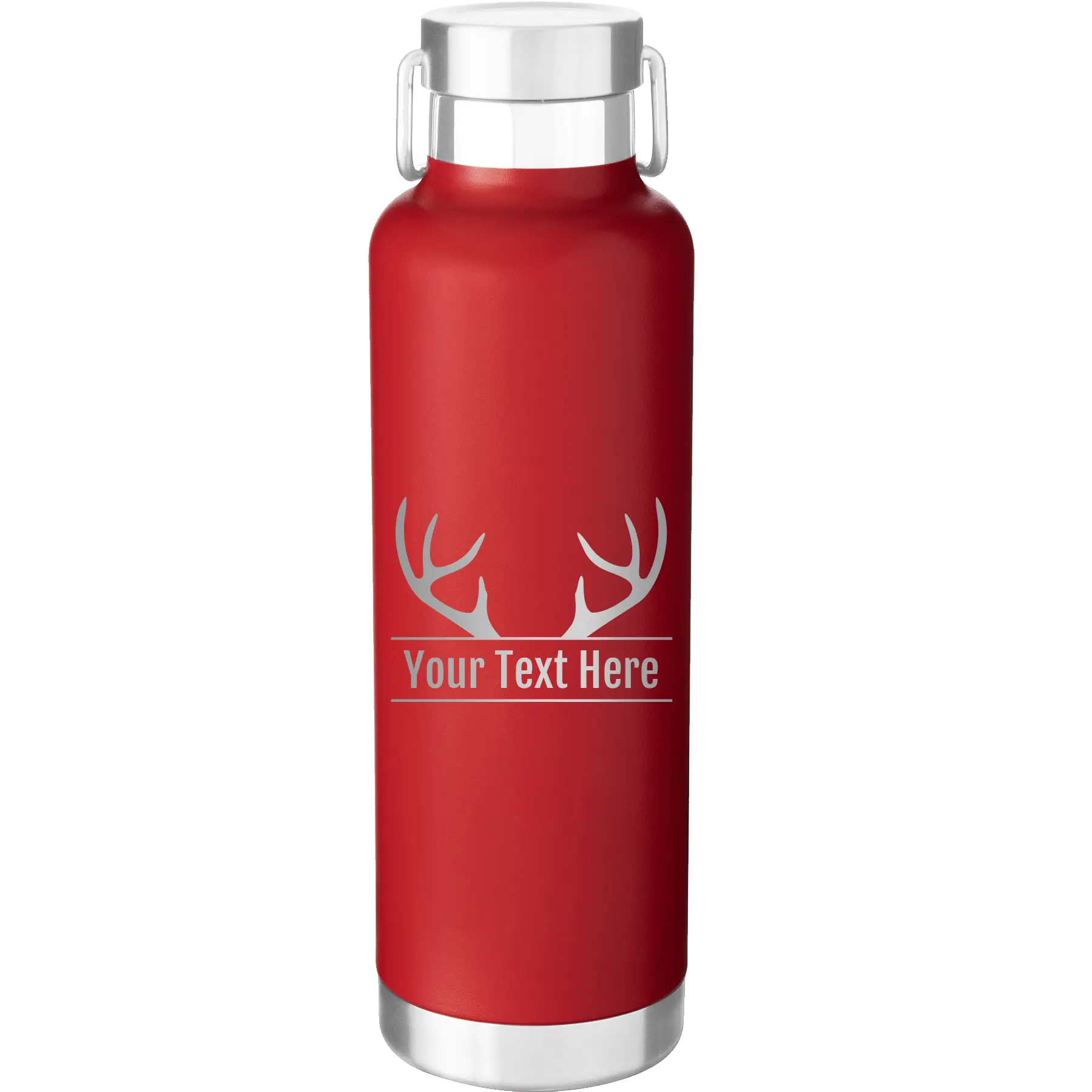 Personalized red 24 oz vacuum insulated water bottle with 'Antler2' design