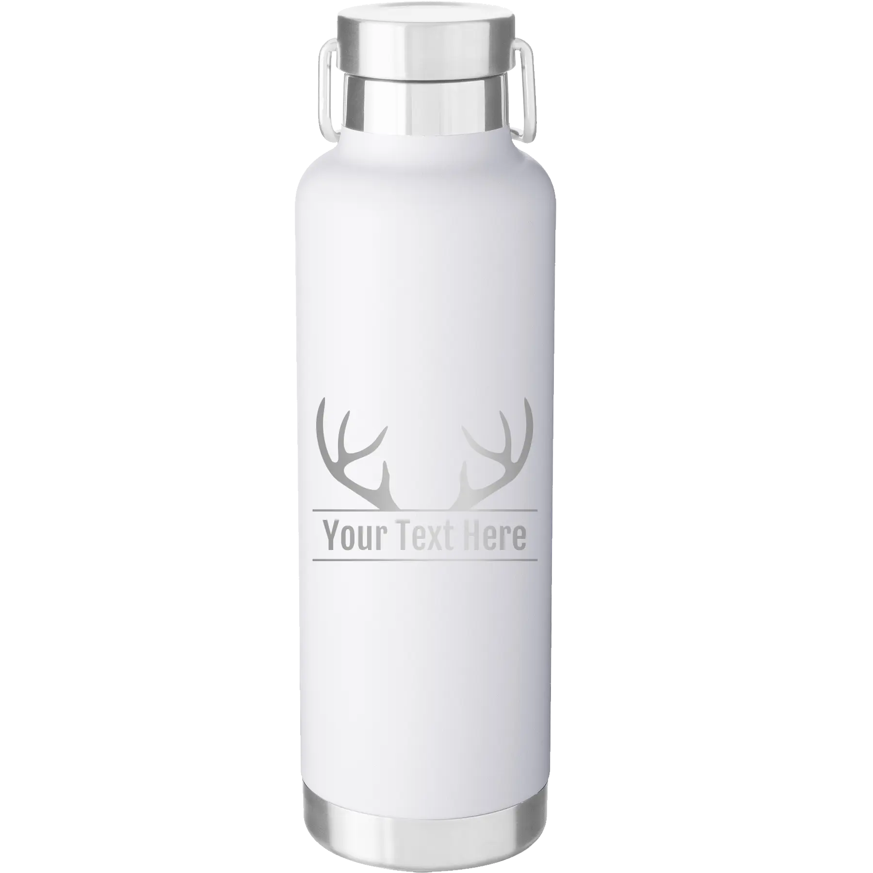 Personalized white 24 oz vacuum insulated water bottle with 'Antler2' design