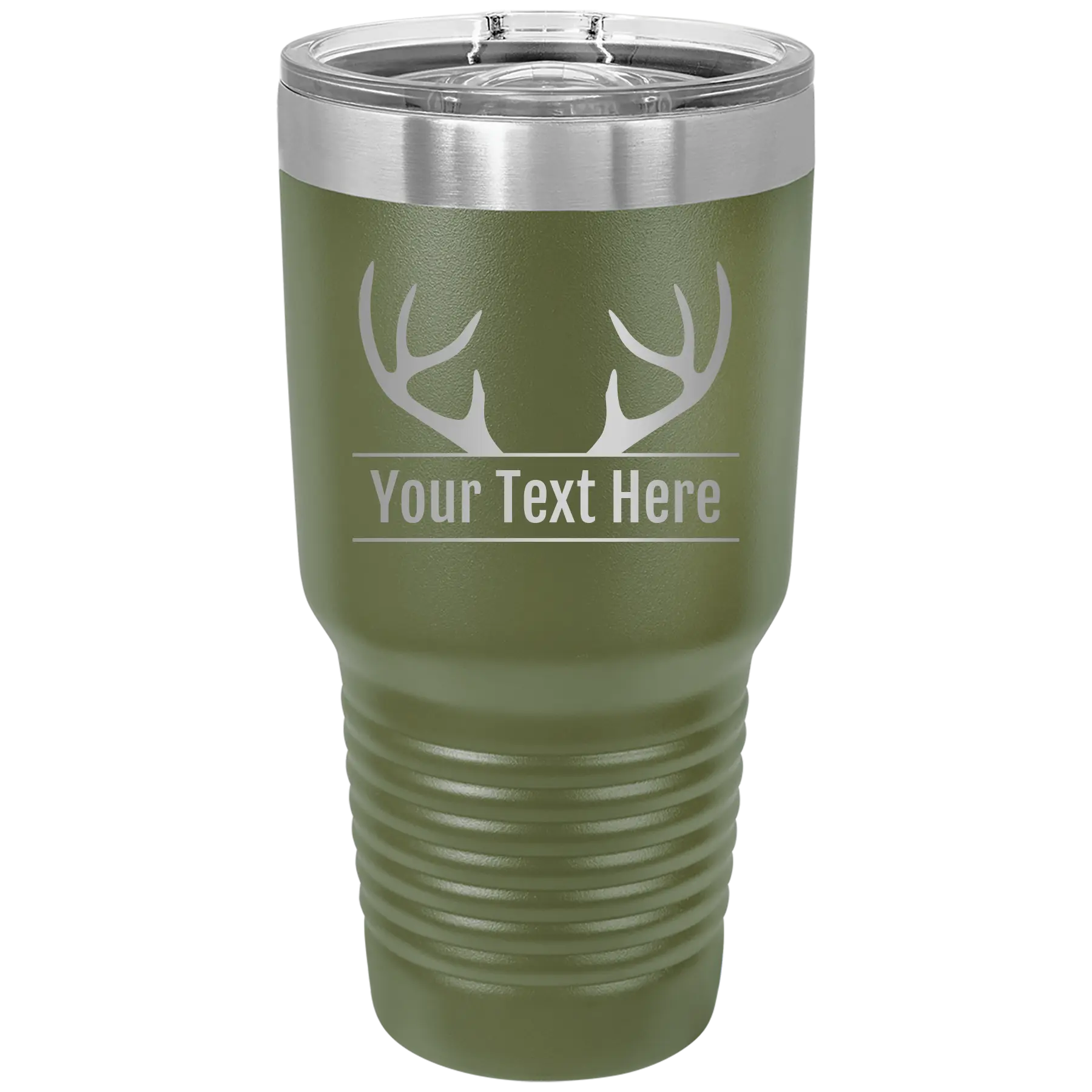 Personalized olive green 30 oz vacuum insulated tumbler with 'Antler2' design