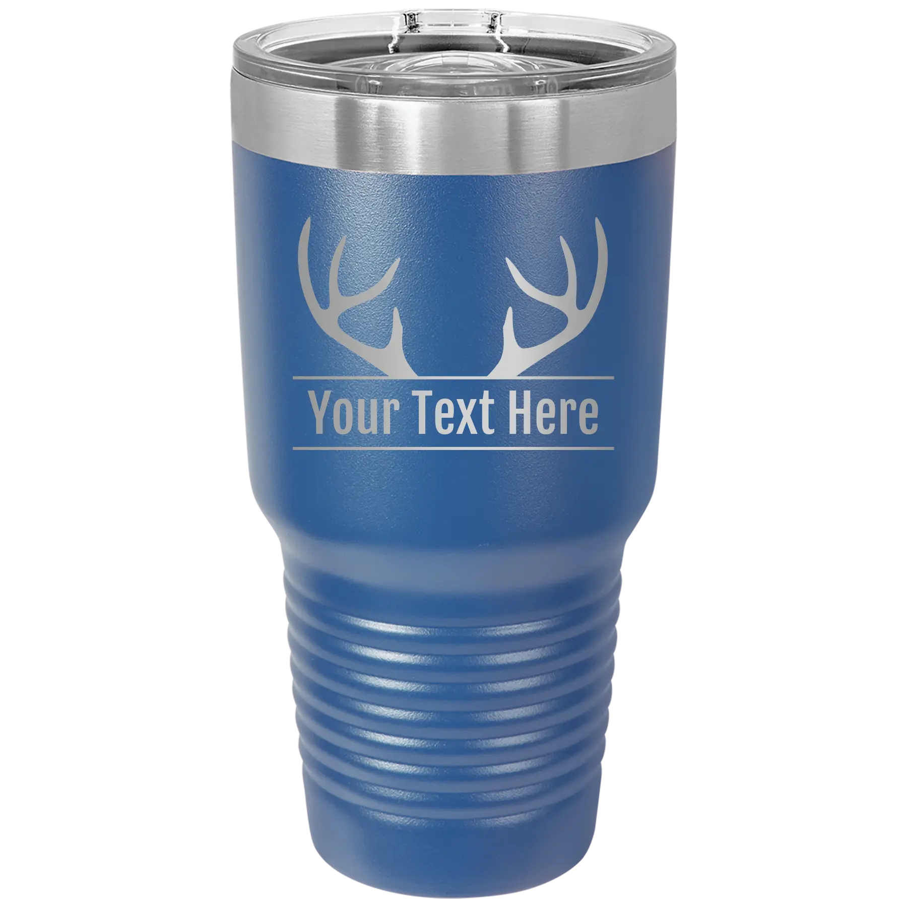 Personalized royal blue 30 oz vacuum insulated tumbler with 'Antler2' design