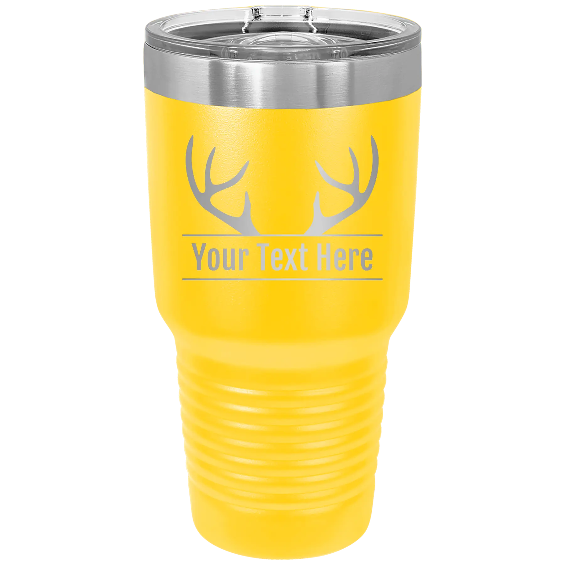 Personalized yellow 30 oz vacuum insulated tumbler with 'Antler2' design