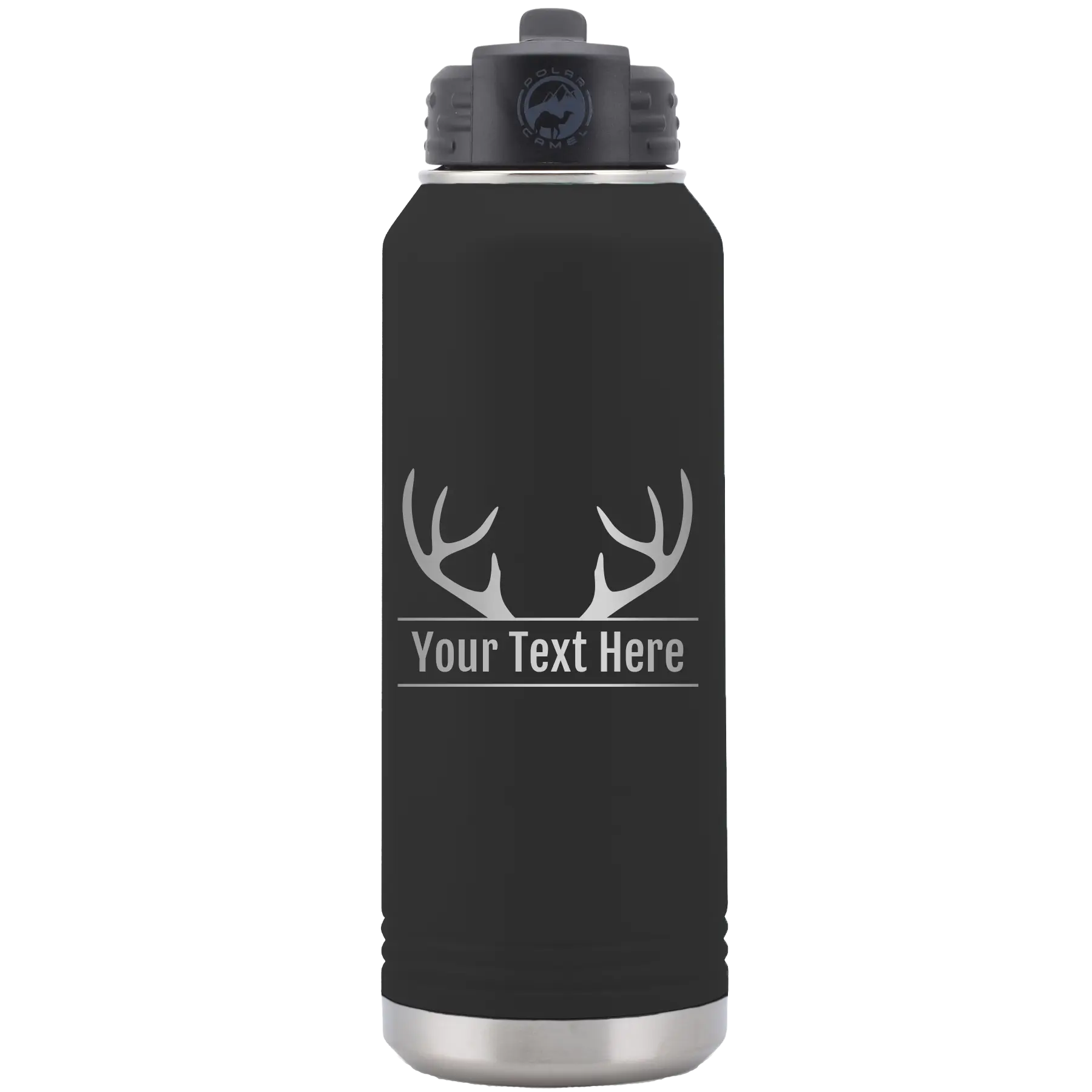 Personalized black 32 oz vacuum insulated water bottle with 'Antler2' design