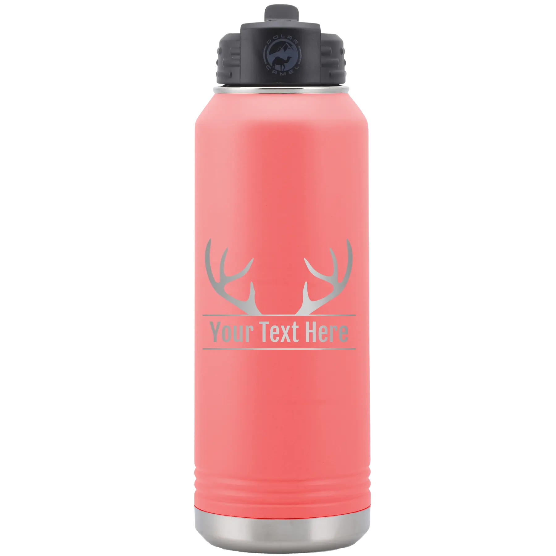 Personalized coral 32 oz vacuum insulated water bottle with 'Antler2' design