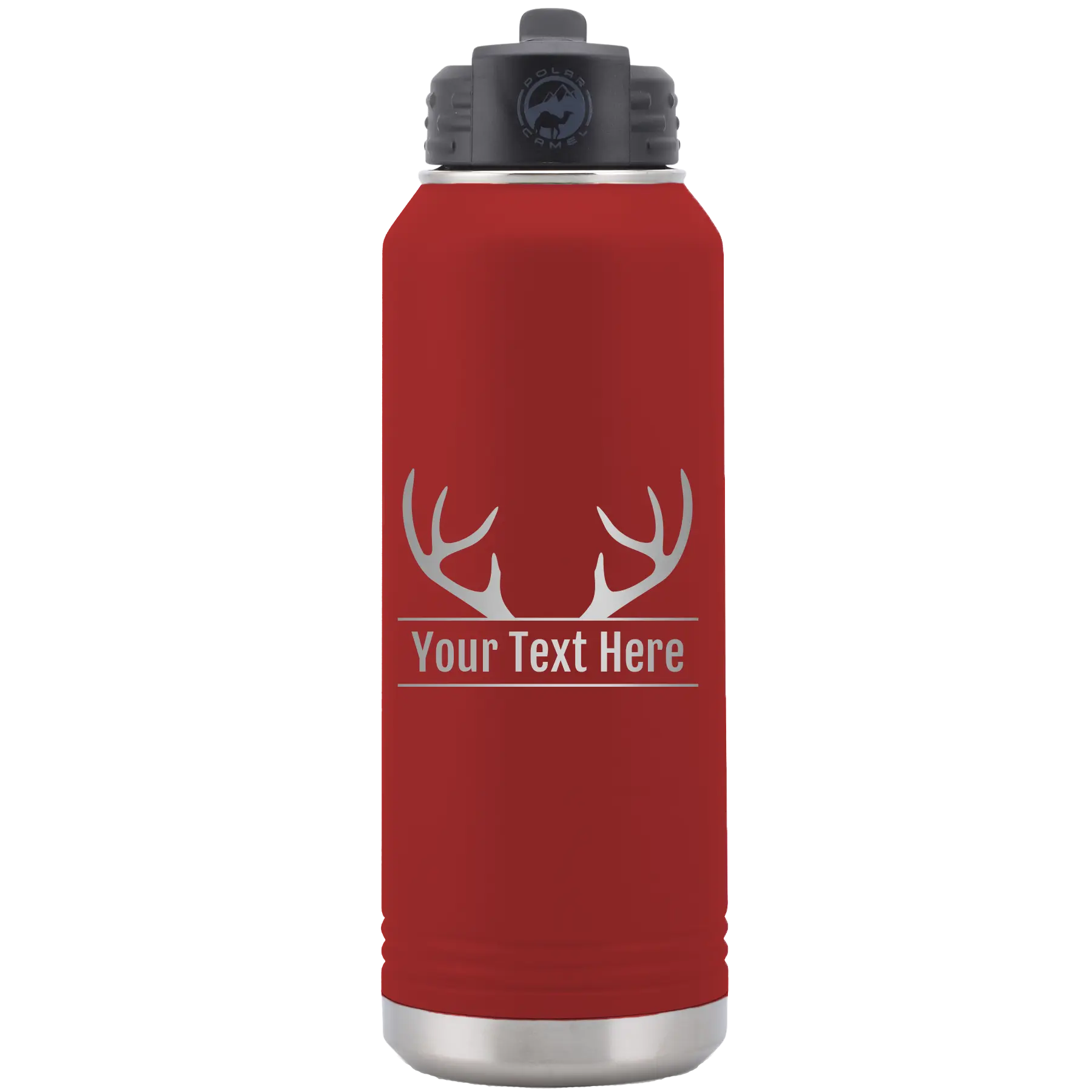 Personalized maroon 32 oz vacuum insulated water bottle with 'Antler2' design