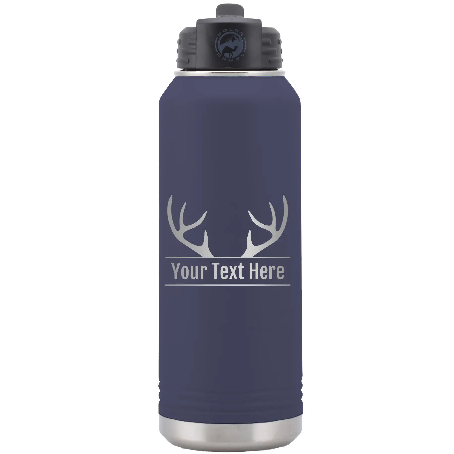 Personalized navy 32 oz vacuum insulated water bottle with 'Antler2' design