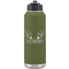 Personalized olive green 32 oz vacuum insulated water bottle with 'Antler2' design