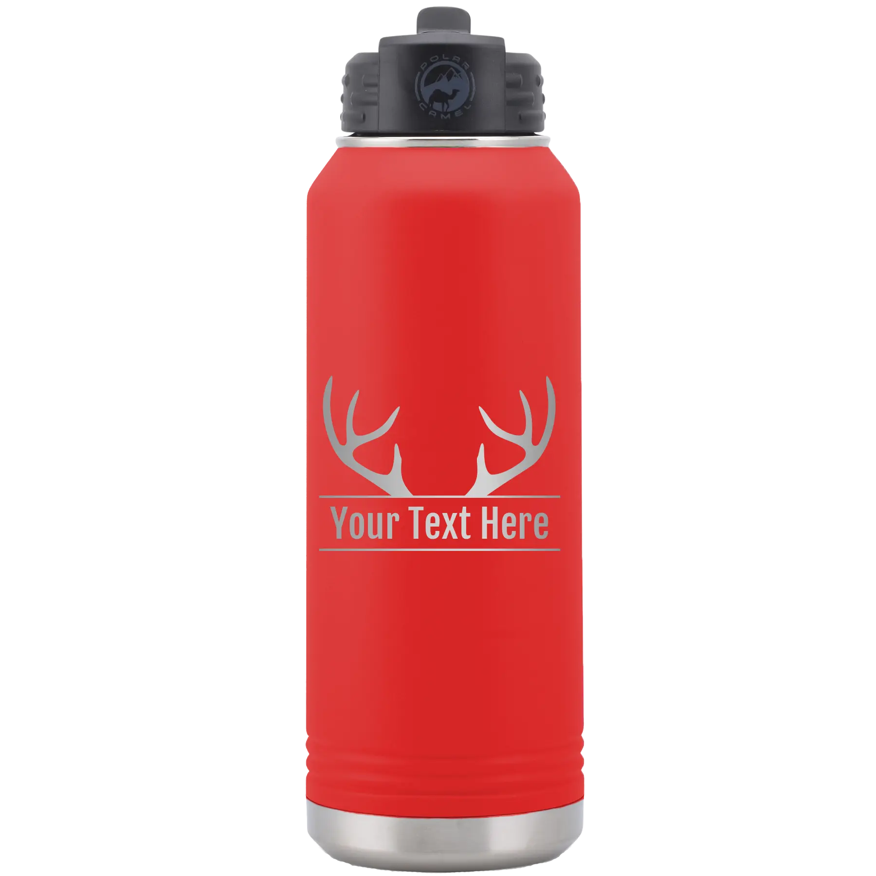 Personalized red 32 oz vacuum insulated water bottle with 'Antler2' design