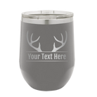 Personalized dark gray 12 oz vacuum insulated wine cup with 'Antler2' design