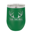 Personalized green 12 oz vacuum insulated wine cup with 'Antler2' design