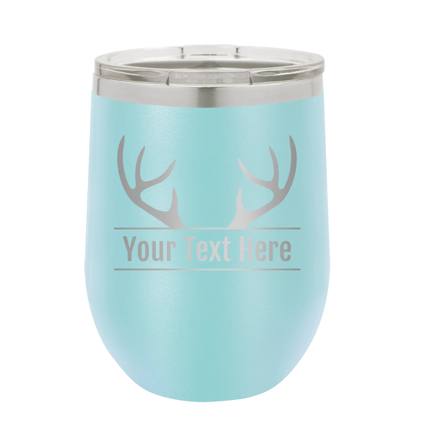 Personalized light blue 12 oz vacuum insulated wine cup with 'Antler2' design