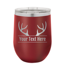 Personalized maroon 12 oz vacuum insulated wine cup with 'Antler2' design