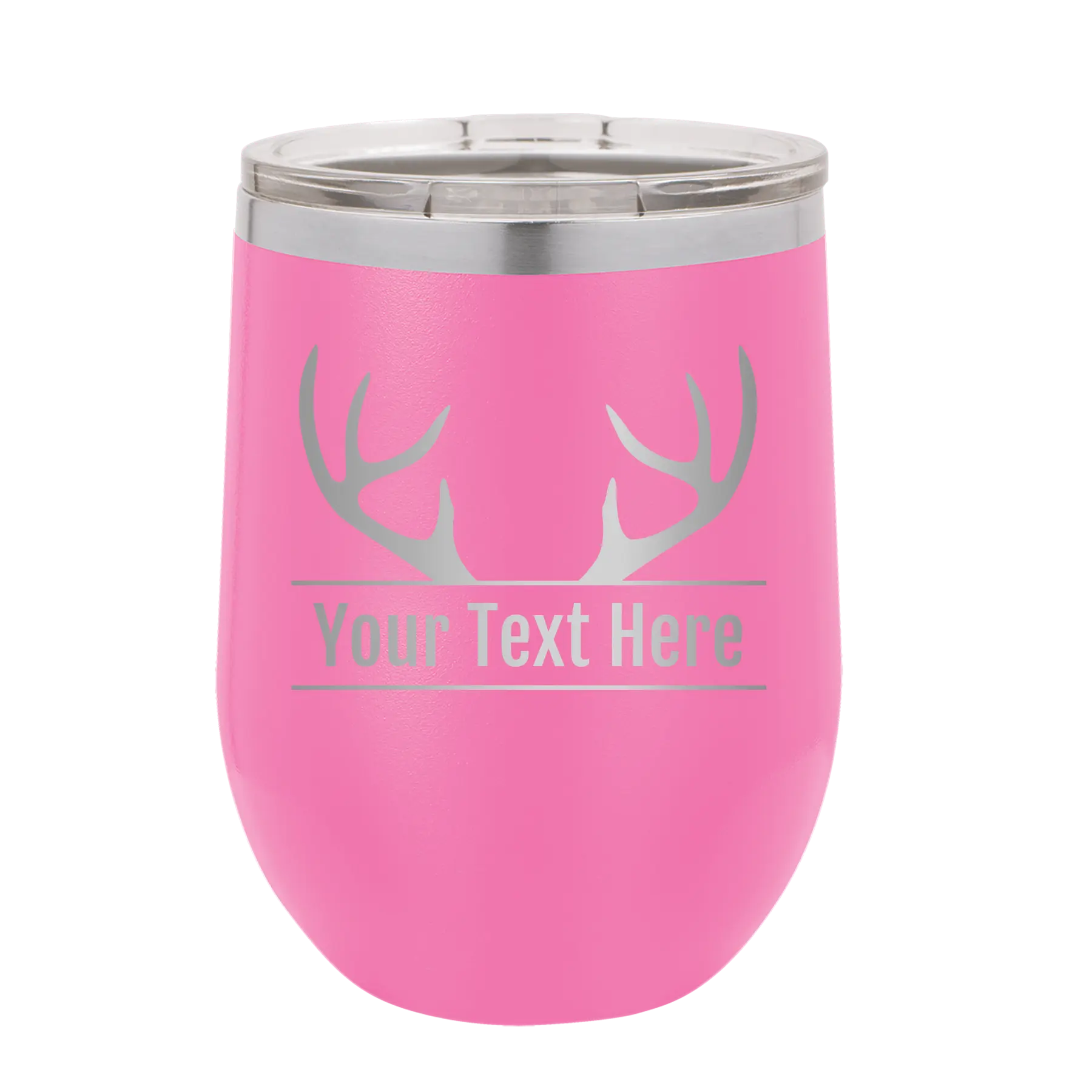 Personalized pink 12 oz vacuum insulated wine cup with 'Antler2' design