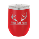 Personalized red 12 oz vacuum insulated wine cup with 'Antler2' design