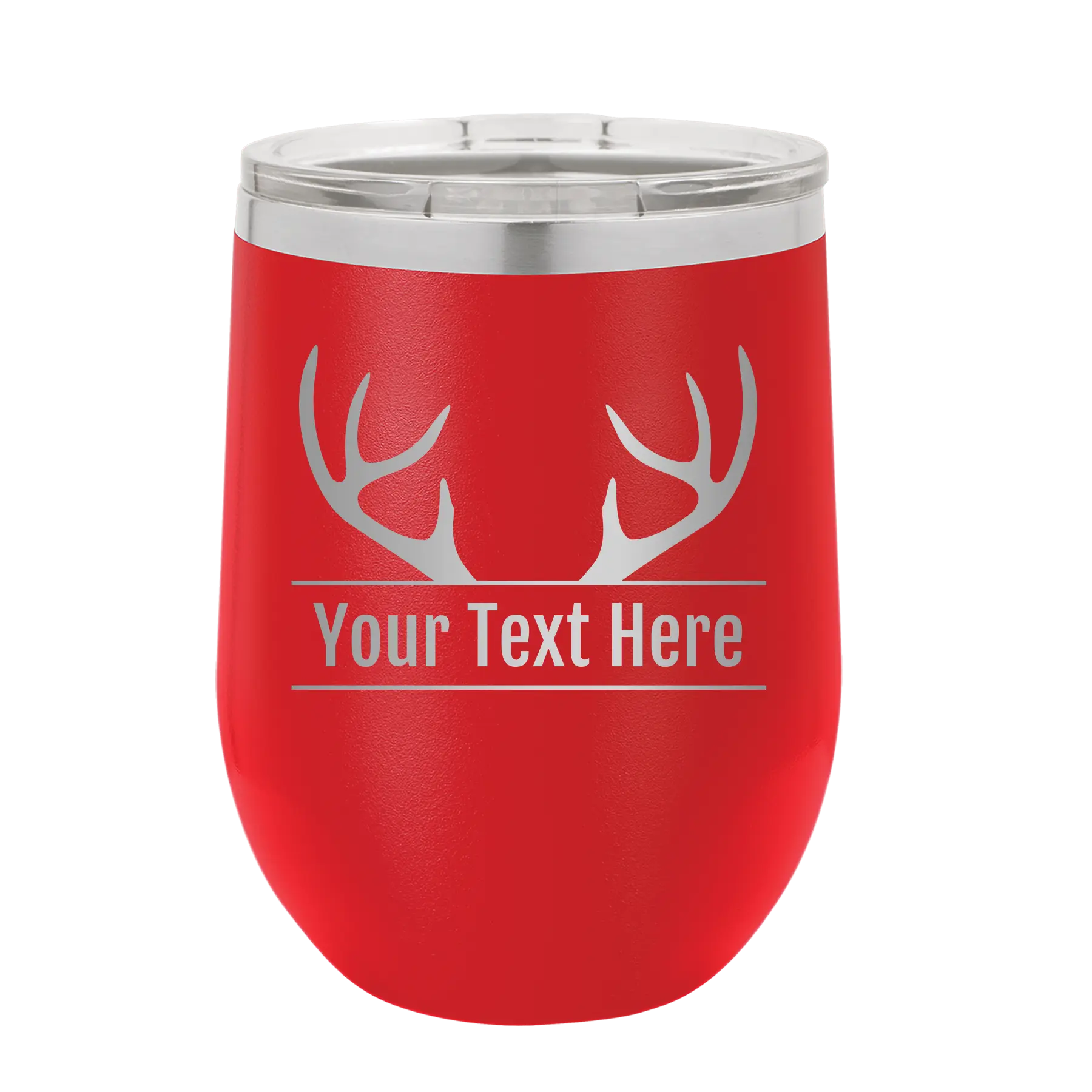 Personalized red 12 oz vacuum insulated wine cup with 'Antler2' design