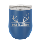 Personalized royal blue 12 oz vacuum insulated wine cup with 'Antler2' design