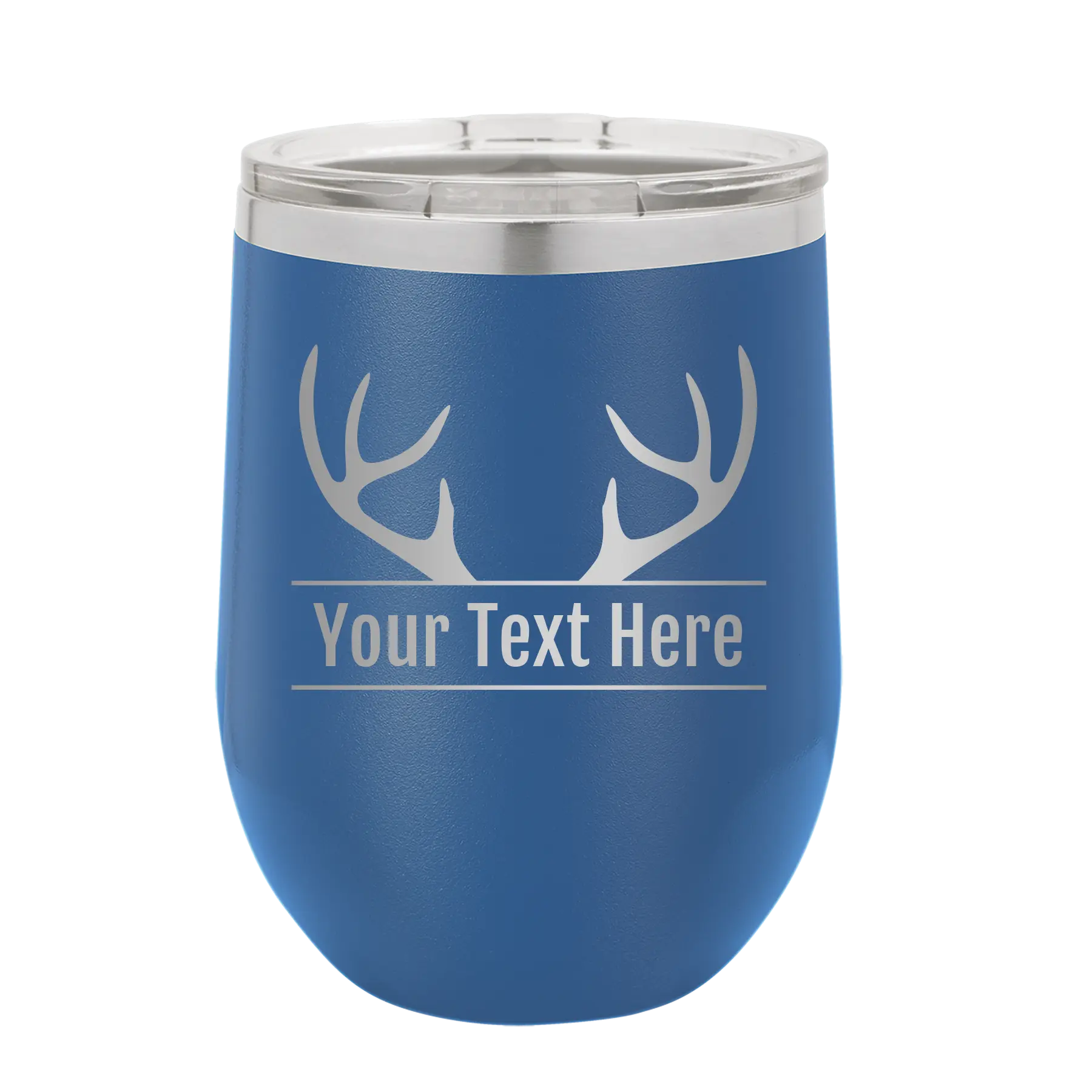 Personalized royal blue 12 oz vacuum insulated wine cup with 'Antler2' design