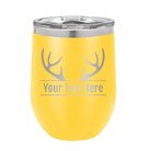 Personalized yellow 12 oz vacuum insulated wine cup with 'Antler2' design