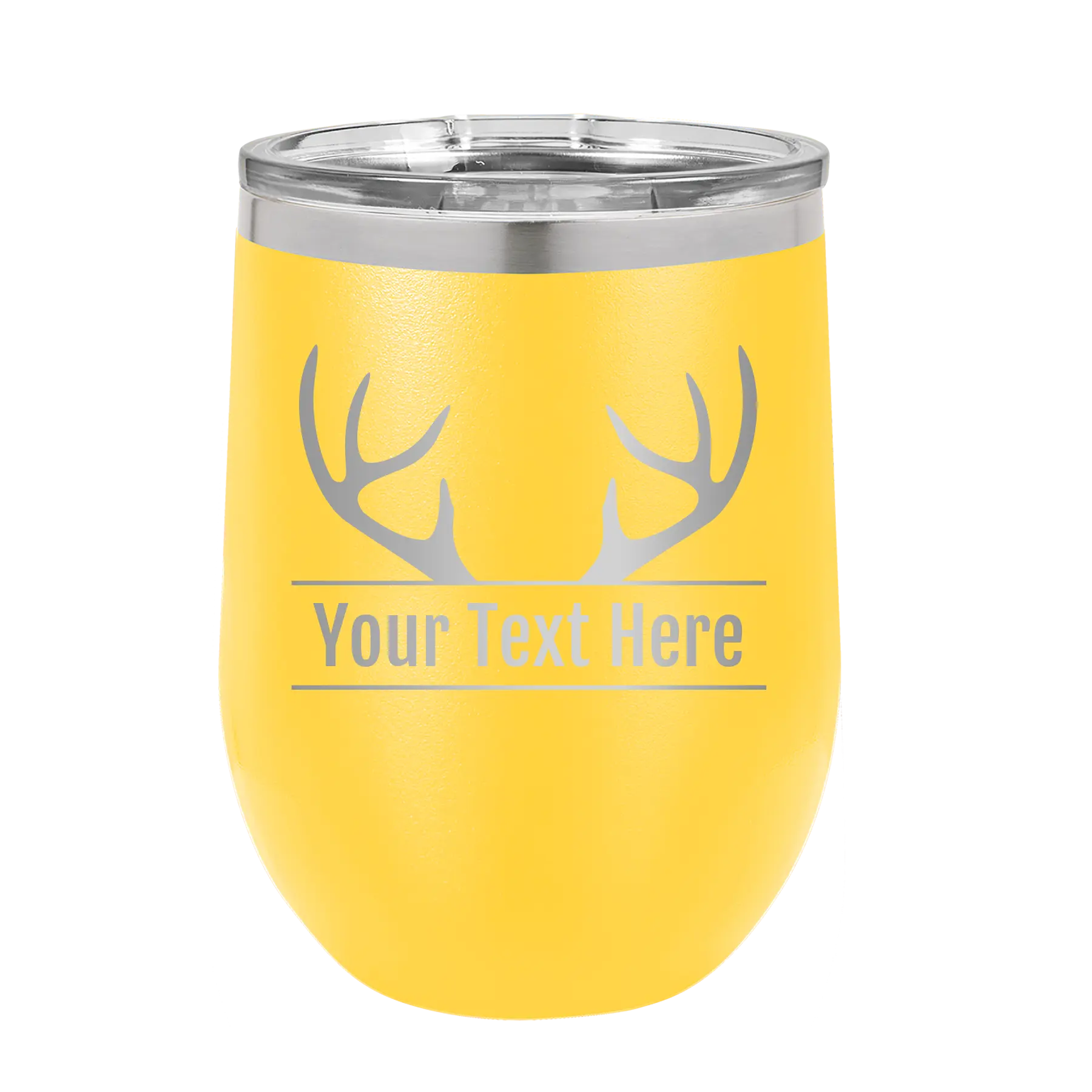 Personalized yellow 12 oz vacuum insulated wine cup with 'Antler2' design