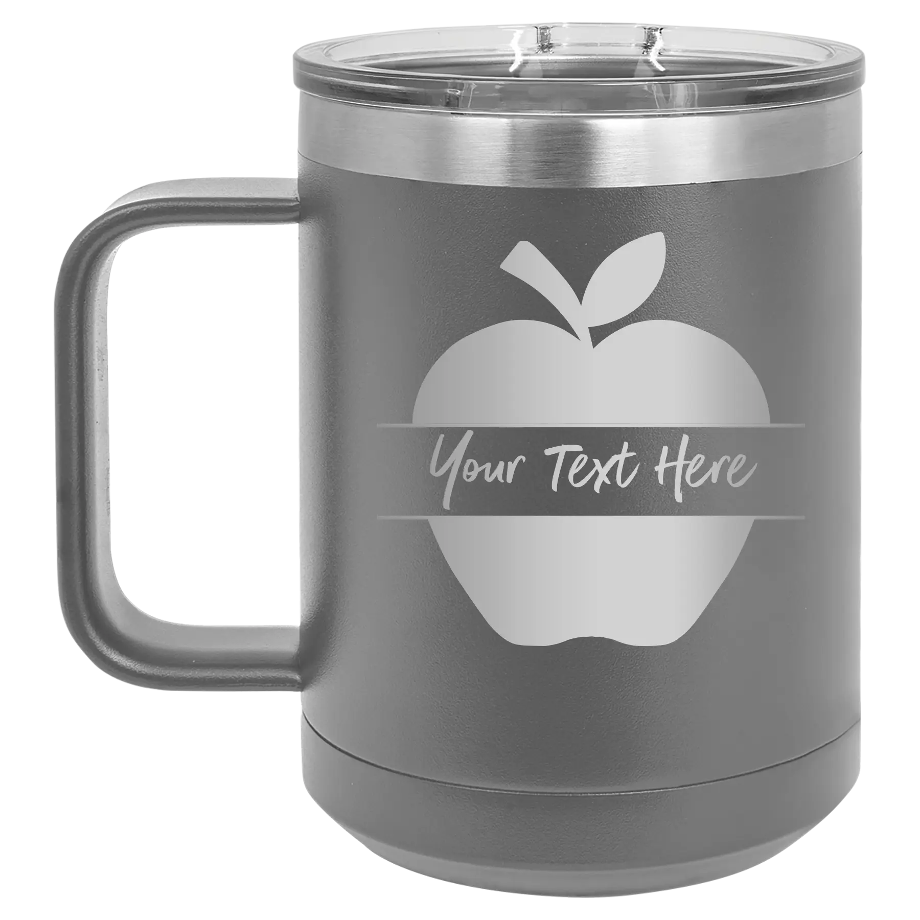 Personalized dark gray 15 oz vacuum insulated coffee mug with 'Apple' design
