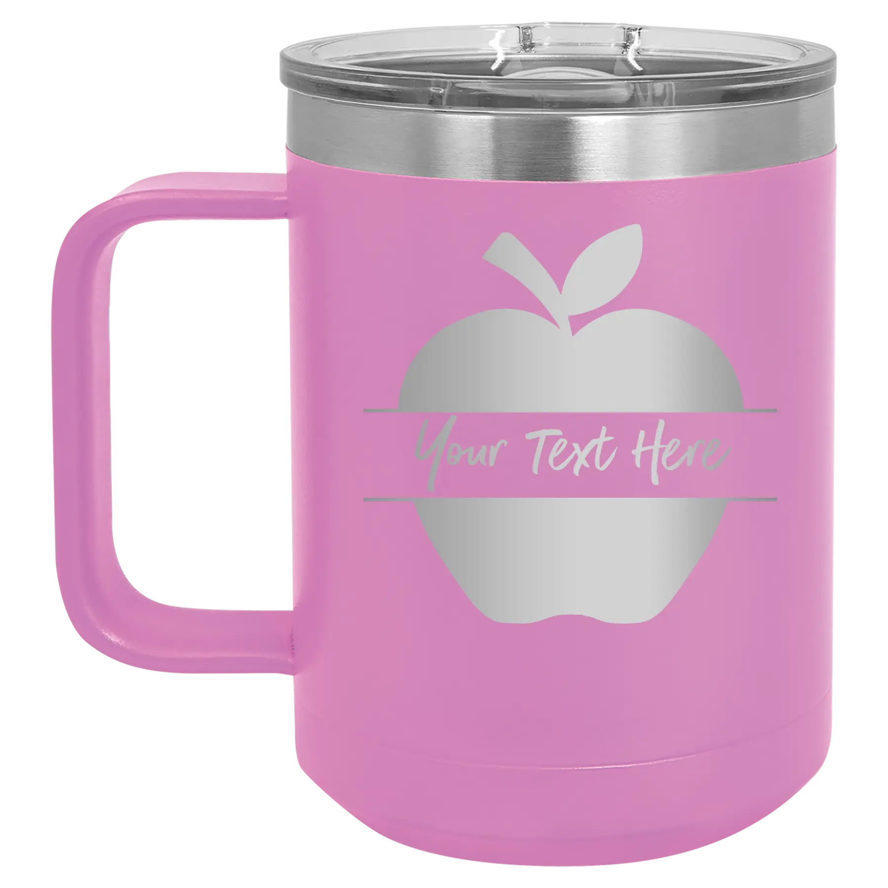 Personalized light purple 15 oz vacuum insulated coffee mug with 'Apple' design