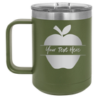 Personalized olive green 15 oz vacuum insulated coffee mug with 'Apple' design