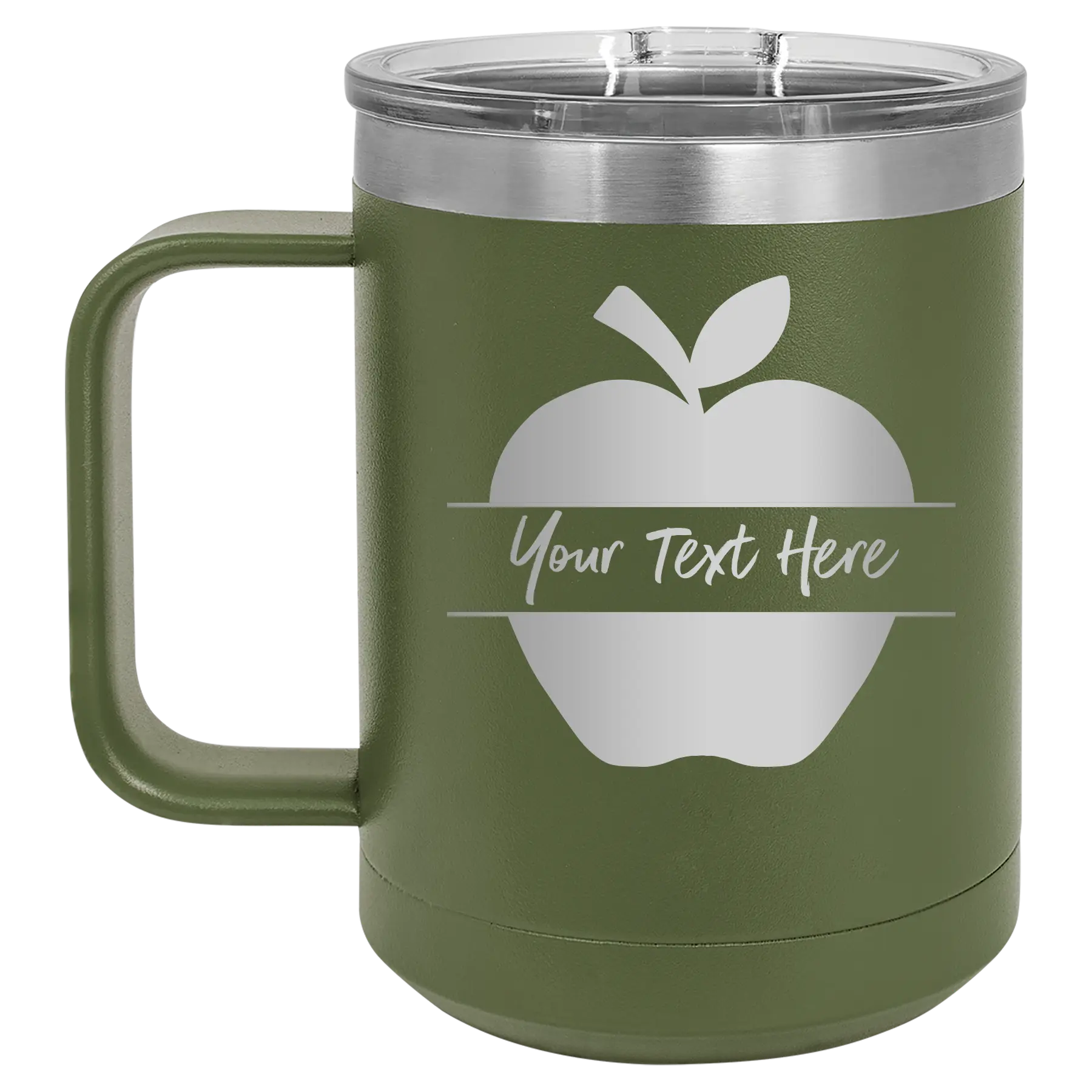 Personalized olive green 15 oz vacuum insulated coffee mug with 'Apple' design