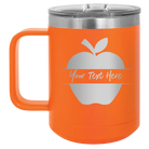 Personalized orange 15 oz vacuum insulated coffee mug with 'Apple' design