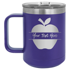 Personalized purple 15 oz vacuum insulated coffee mug with 'Apple' design