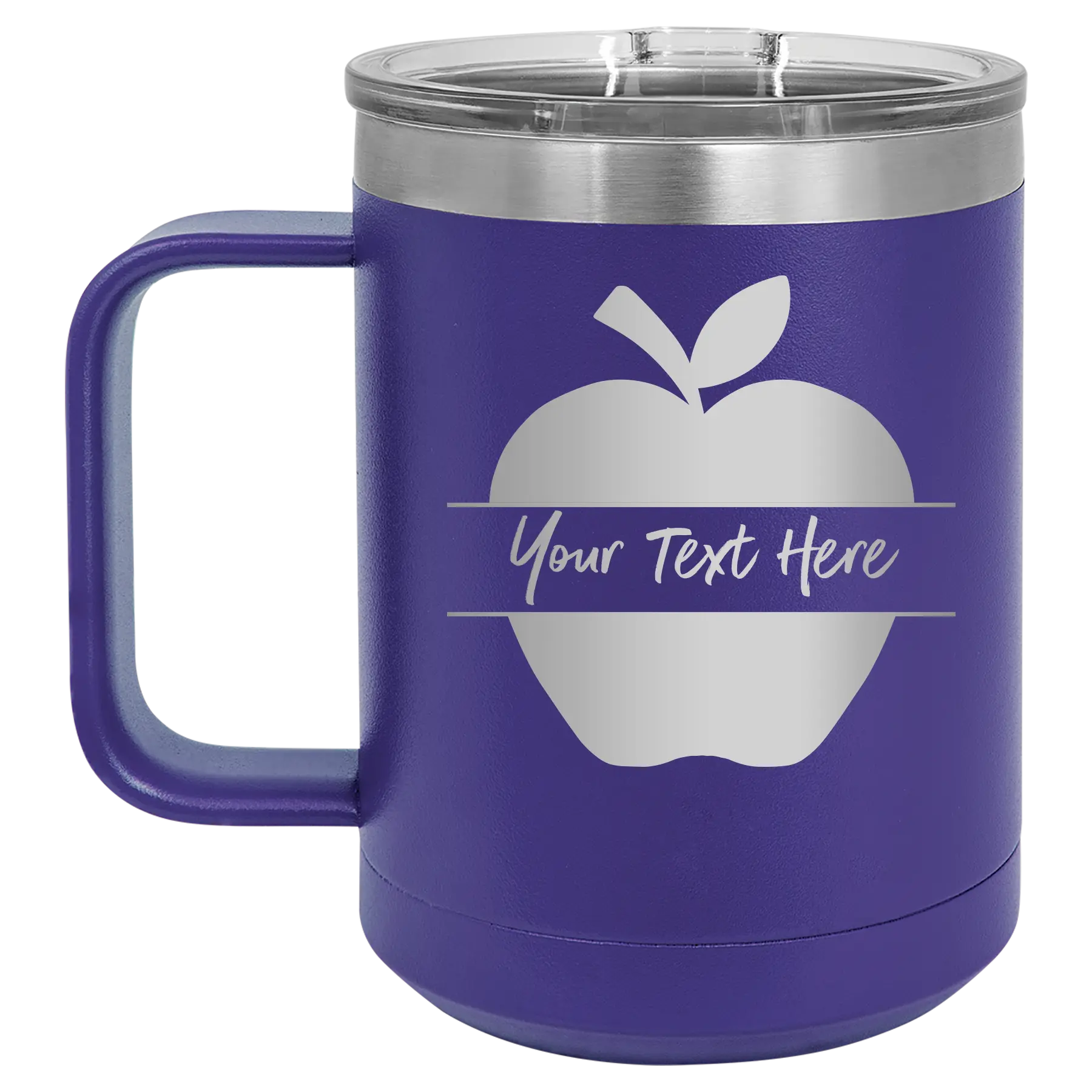 Personalized purple 15 oz vacuum insulated coffee mug with 'Apple' design