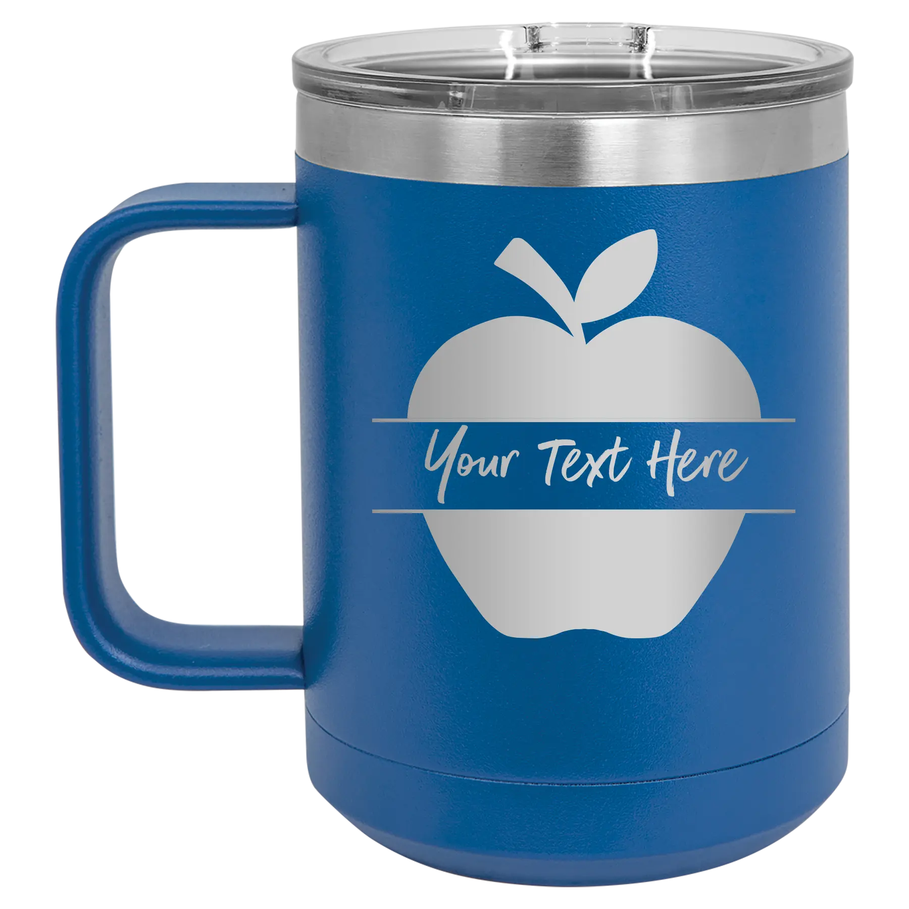 Personalized royal blue 15 oz vacuum insulated coffee mug with 'Apple' design