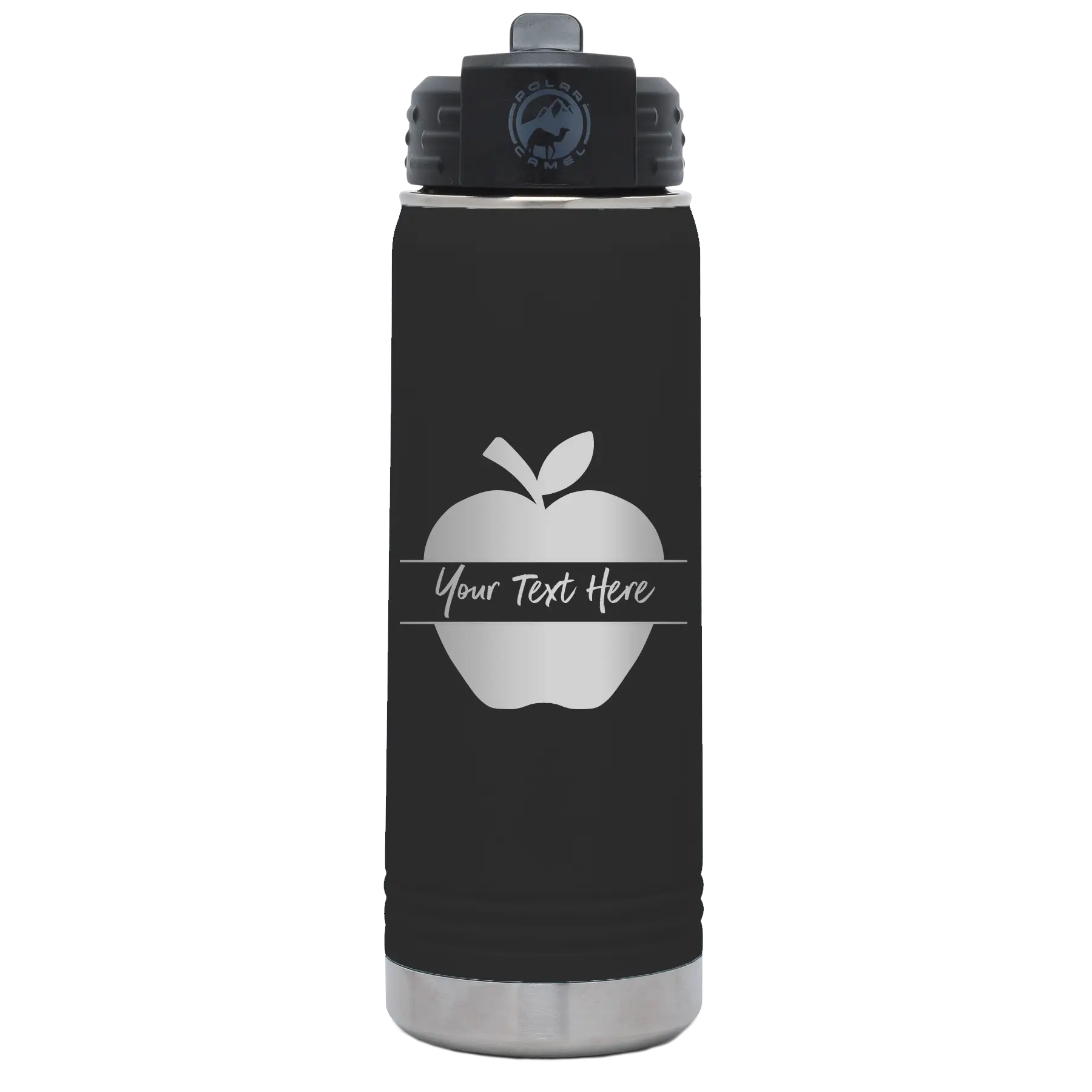 Personalized black 20 oz vacuum insulated water bottle with 'Apple' design