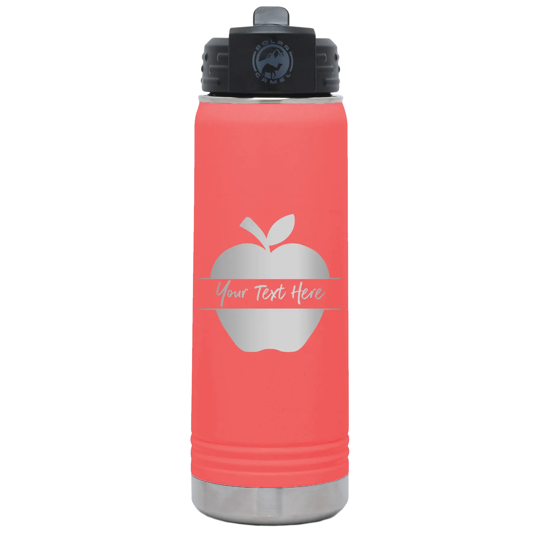 Personalized coral 20 oz vacuum insulated water bottle with 'Apple' design