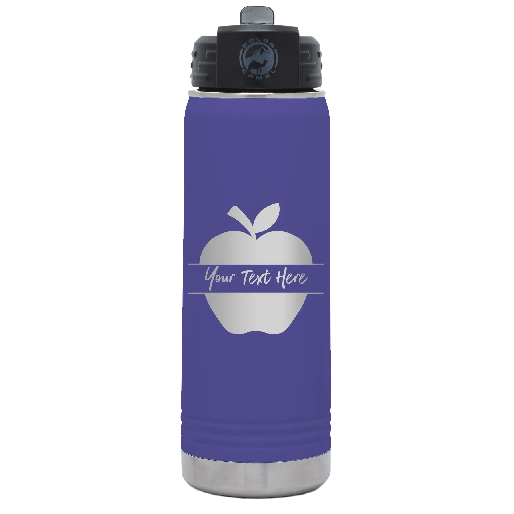 Personalized purple 20 oz vacuum insulated water bottle with 'Apple' design