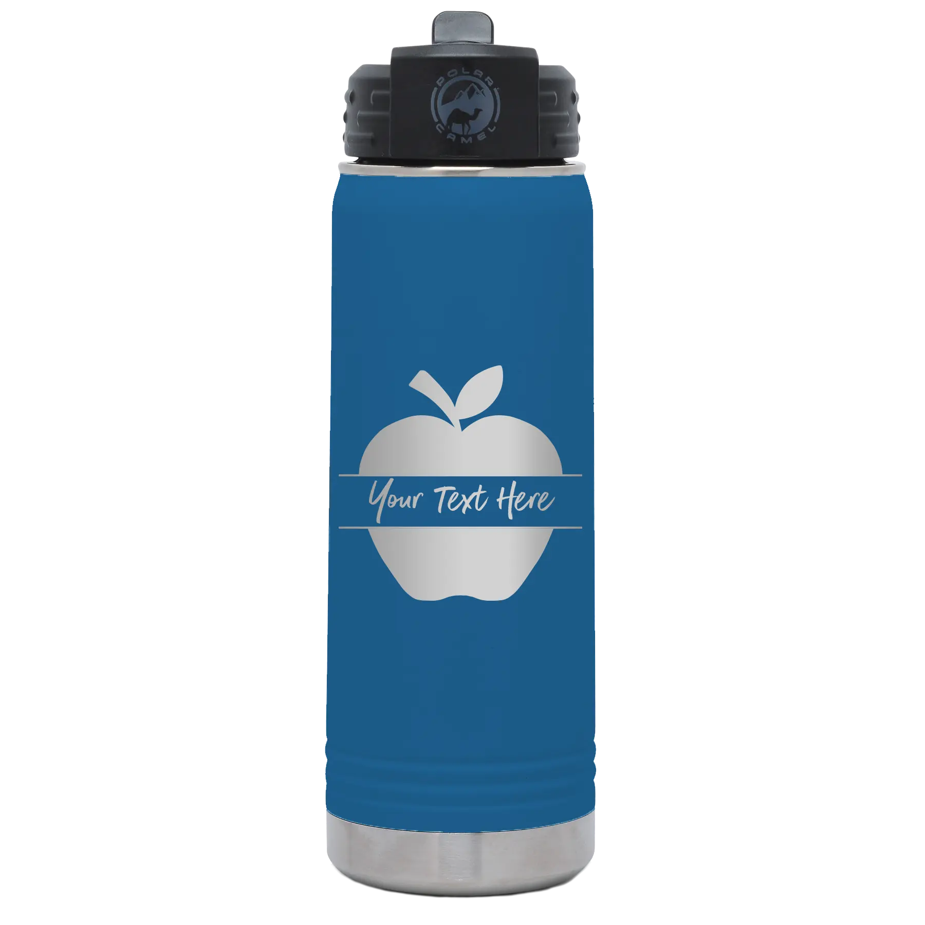 Personalized royal blue 20 oz vacuum insulated water bottle with 'Apple' design