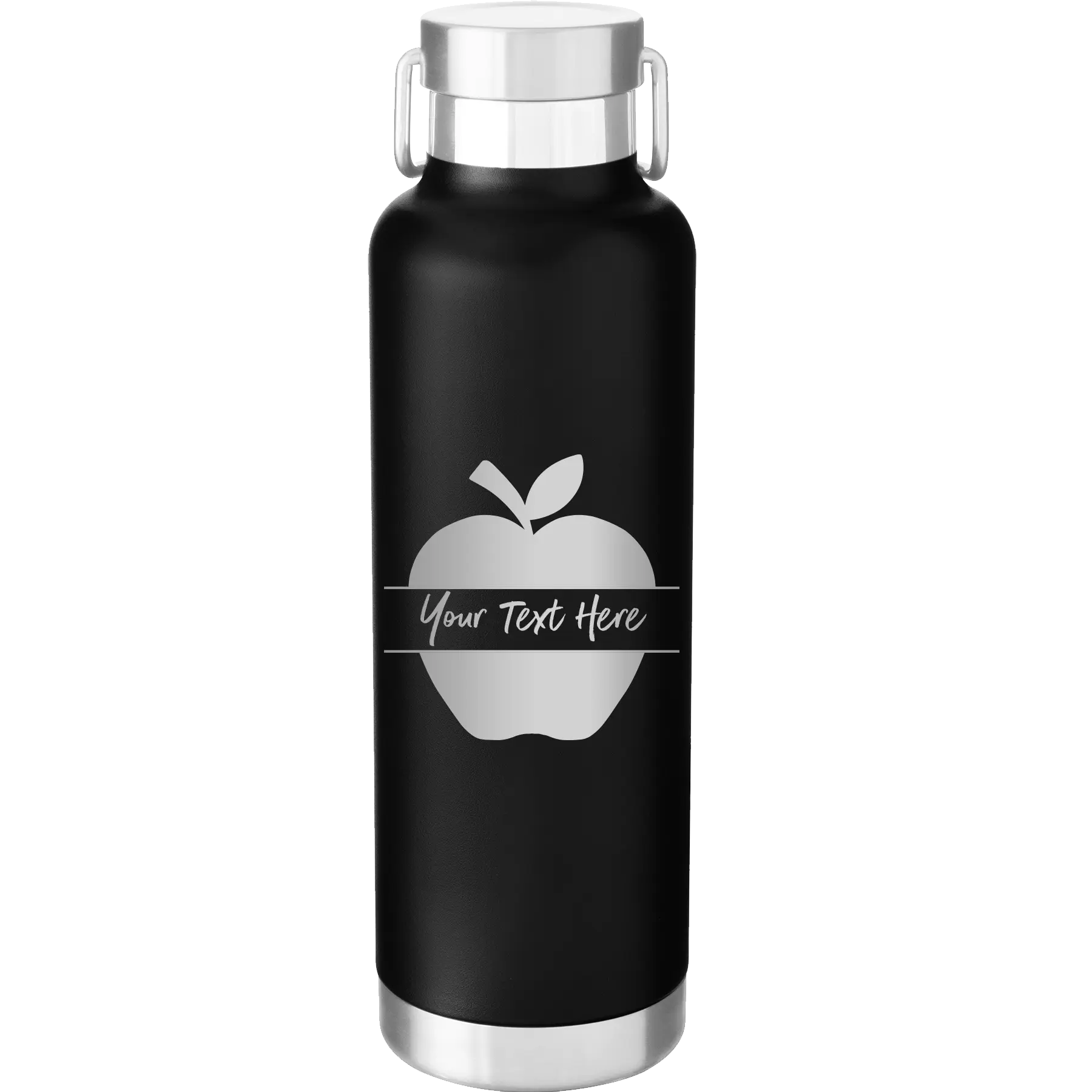 Personalized black 24 oz vacuum insulated water bottle with 'Apple' design