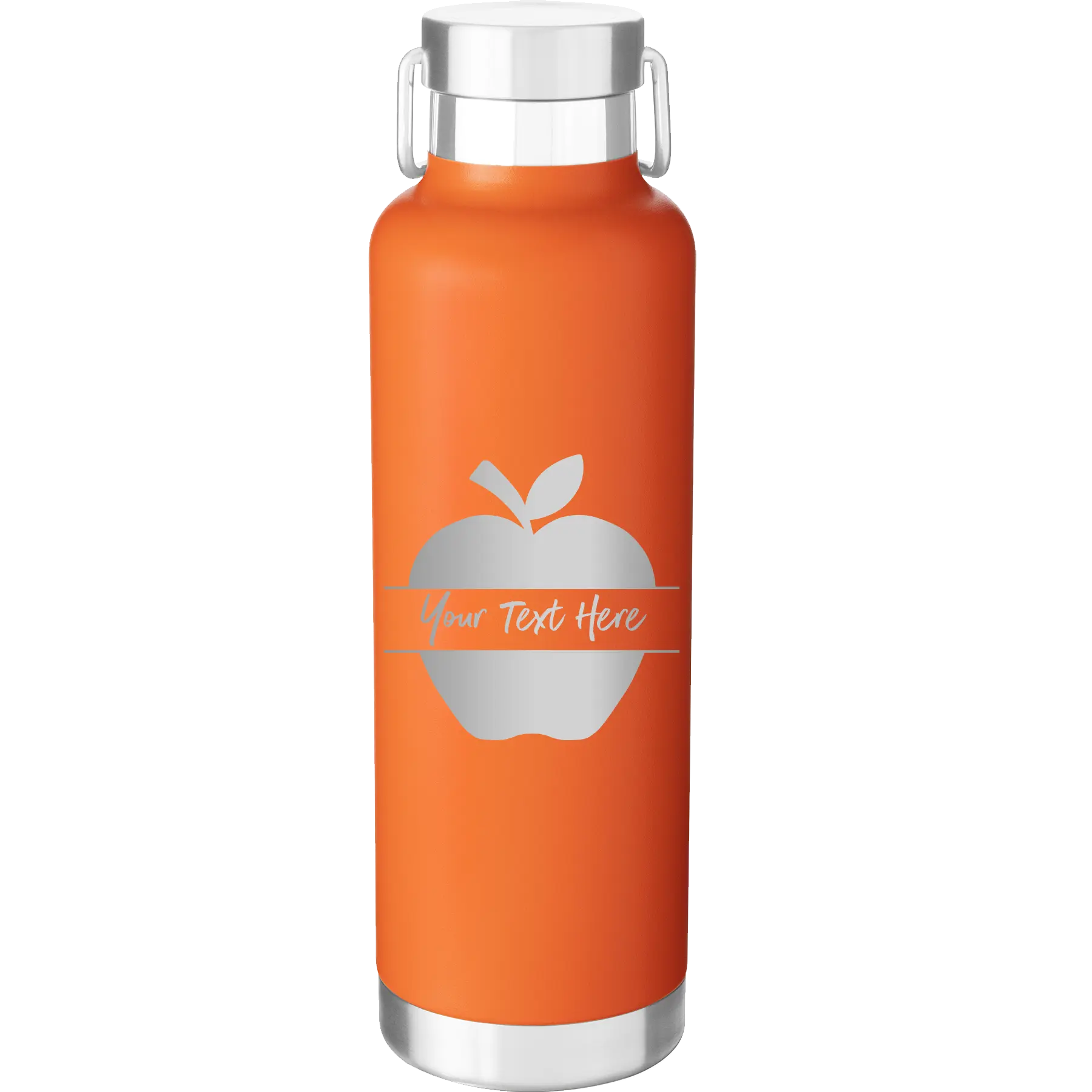 Personalized orange 24 oz vacuum insulated water bottle with 'Apple' design