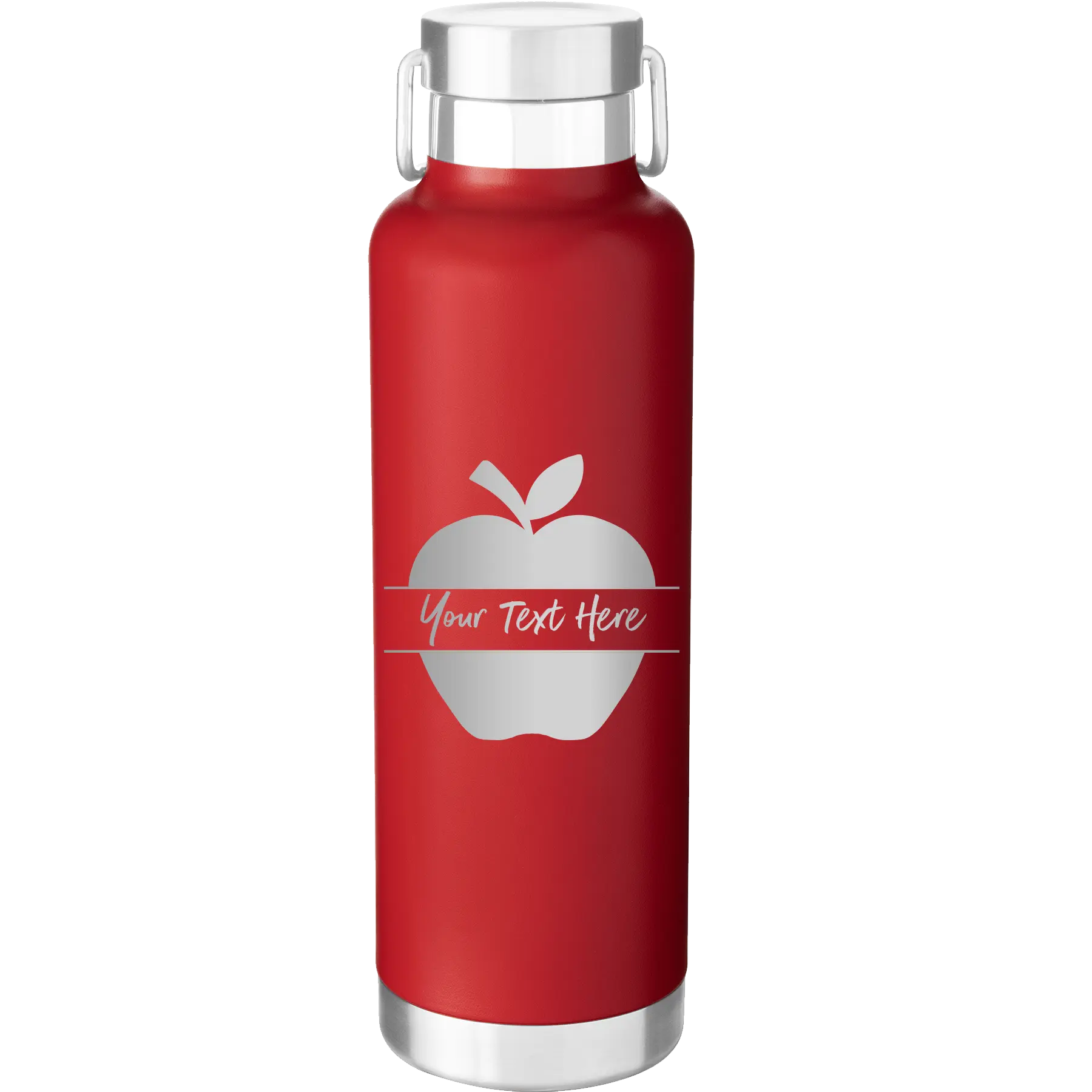 Personalized red 24 oz vacuum insulated water bottle with 'Apple' design