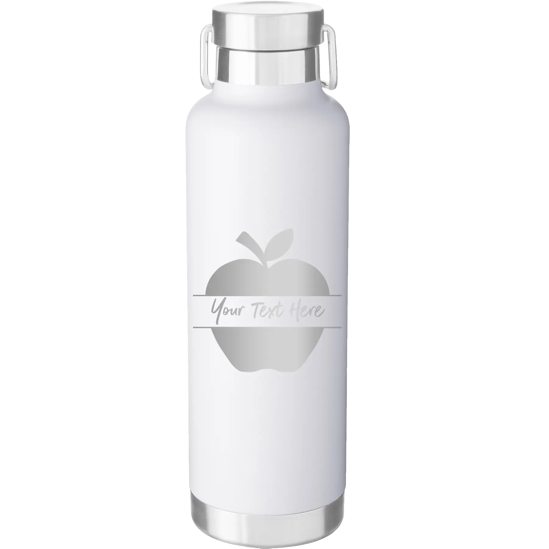 Personalized white 24 oz vacuum insulated water bottle with 'Apple' design