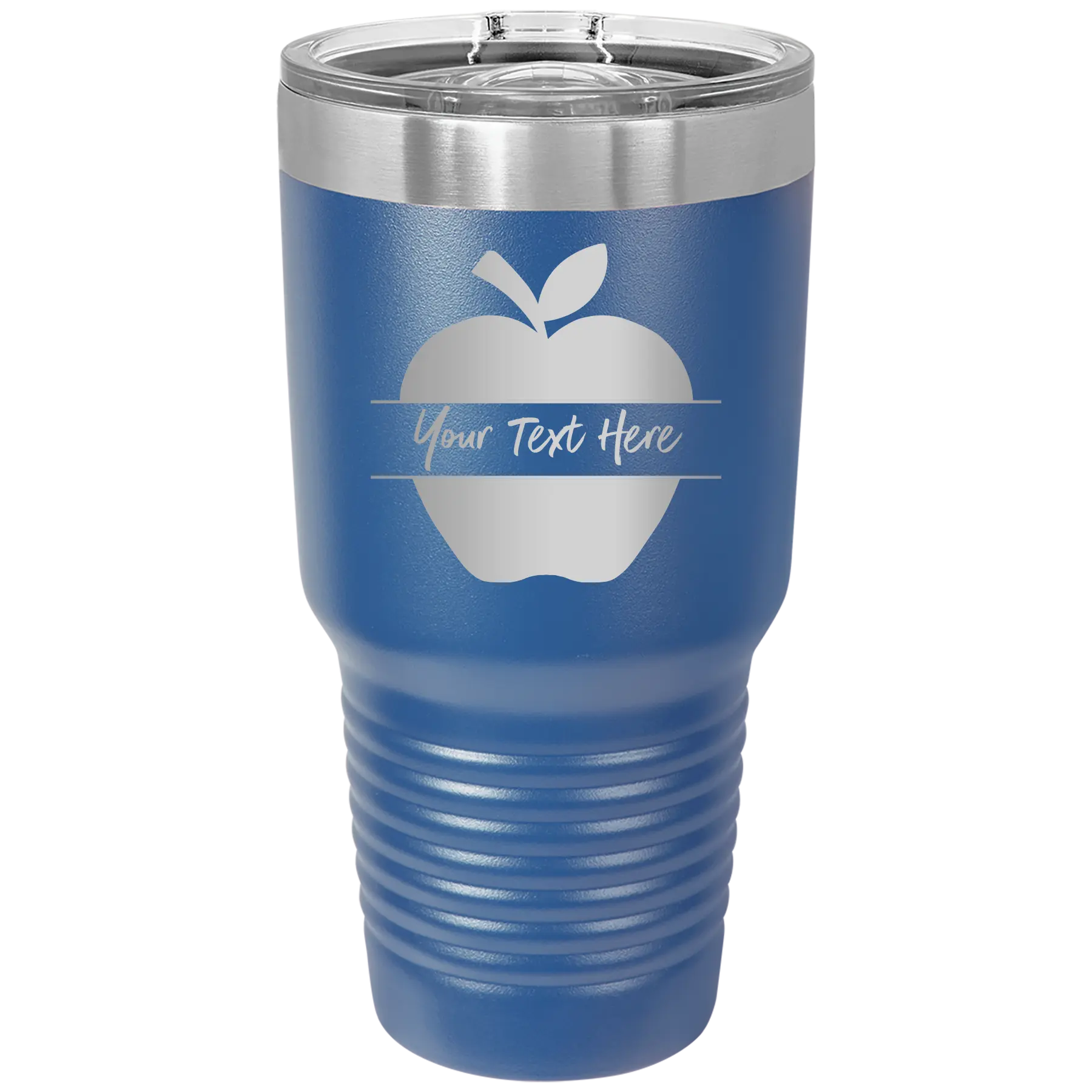 Personalized royal blue 30 oz vacuum insulated tumbler with 'Apple' design