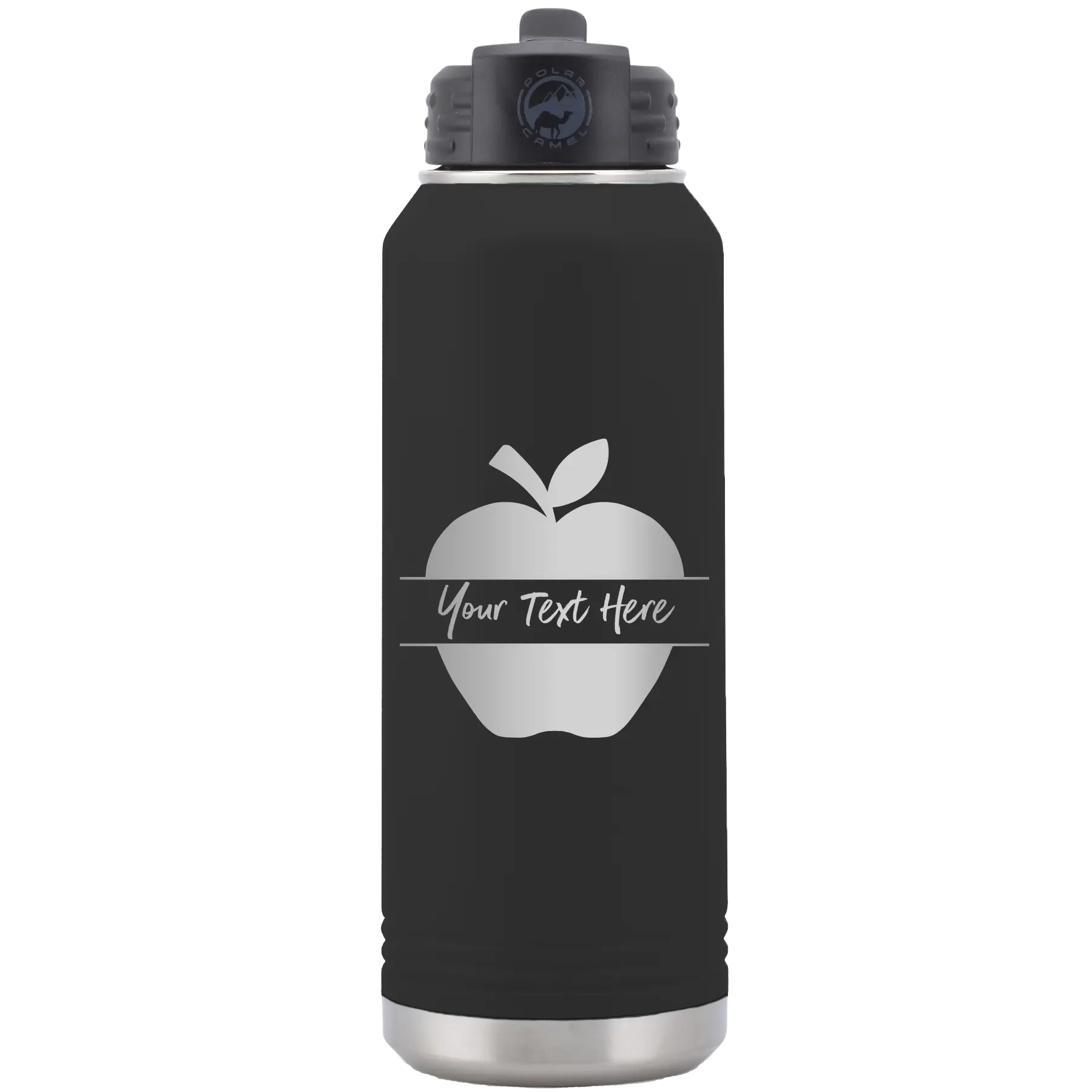 Personalized black 32 oz vacuum insulated water bottle with 'Apple' design