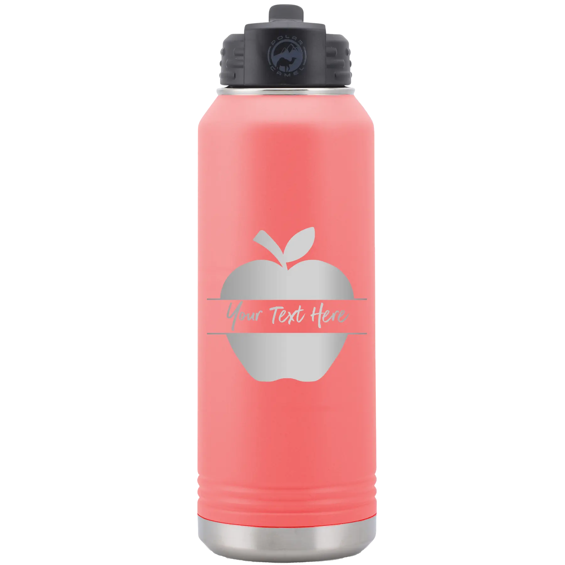 Personalized coral 32 oz vacuum insulated water bottle with 'Apple' design