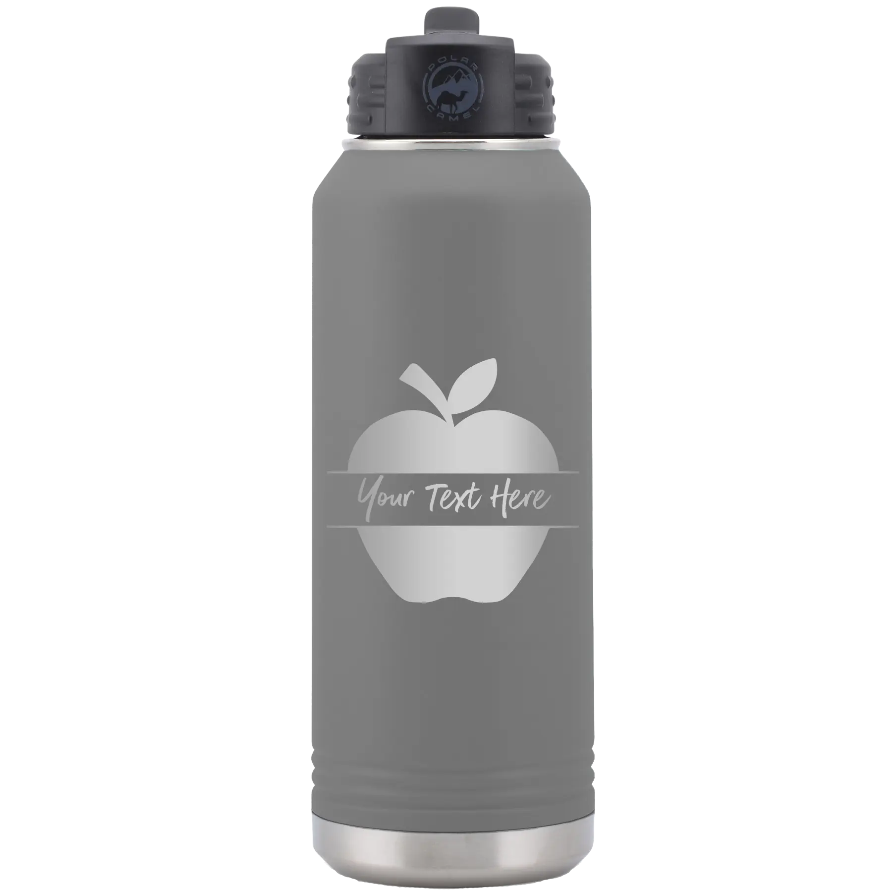 Personalized dark gray 32 oz vacuum insulated water bottle with 'Apple' design