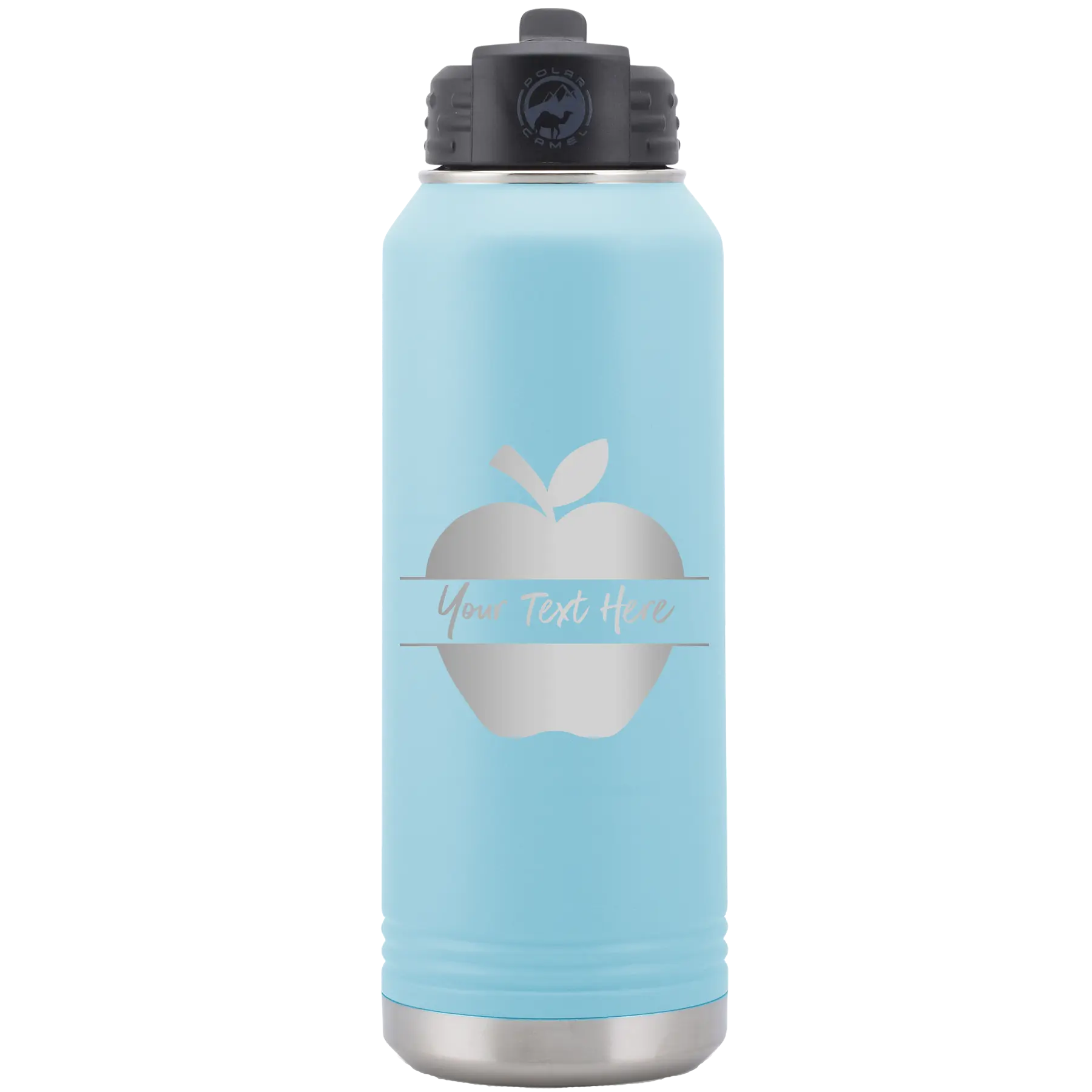 Personalized light blue 32 oz vacuum insulated water bottle with 'Apple' design